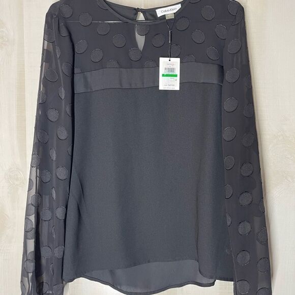 Calvin Klein new black long sleeve see through sleeve,‎ top blouse, size large - Picture 4 of 14